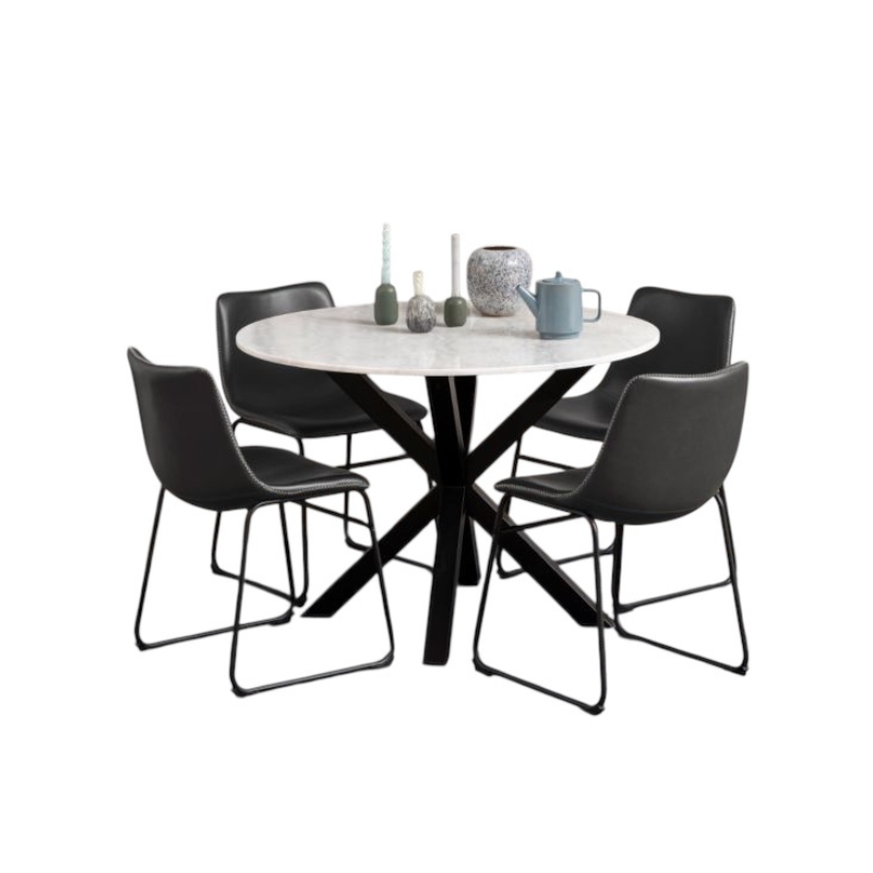 Dining table set with four black chairs on a white background