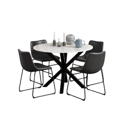Dining table set with four black chairs on a white background