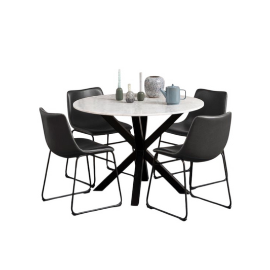 Dining table set with four black chairs on a white background