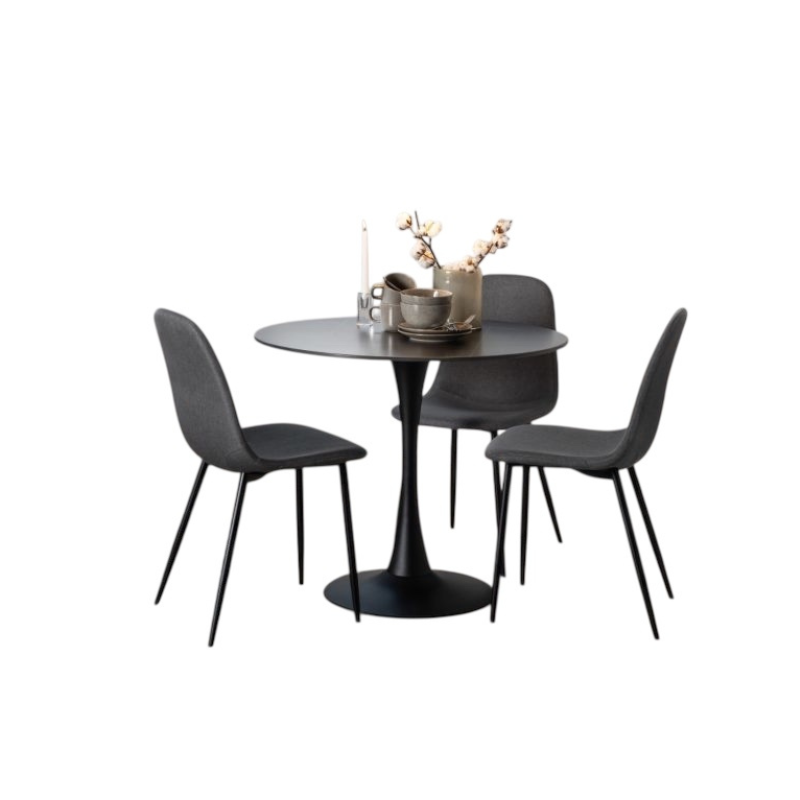 Dining table set with four chairs on a white background