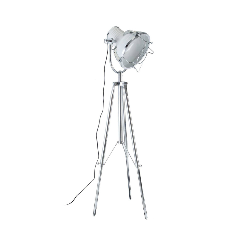 Vintage-style floor lamp with three-legged design on a white background