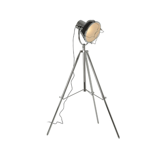 Vintage-style tripod floor lamp with round metal shade on a white background