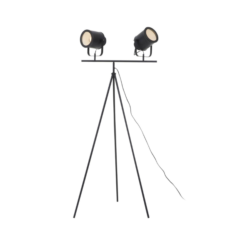 Black tripod floor lamp with two spotlights on a white background