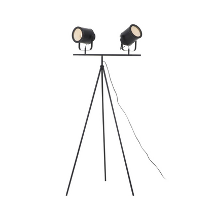 Black tripod floor lamp with two spotlights on a white background