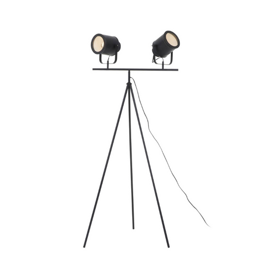 Black tripod floor lamp with two spotlights on a white background