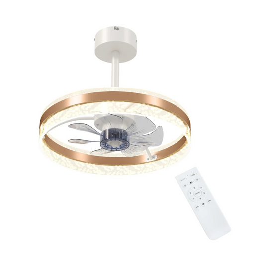 Ceiling fan with light and remote control on a white background