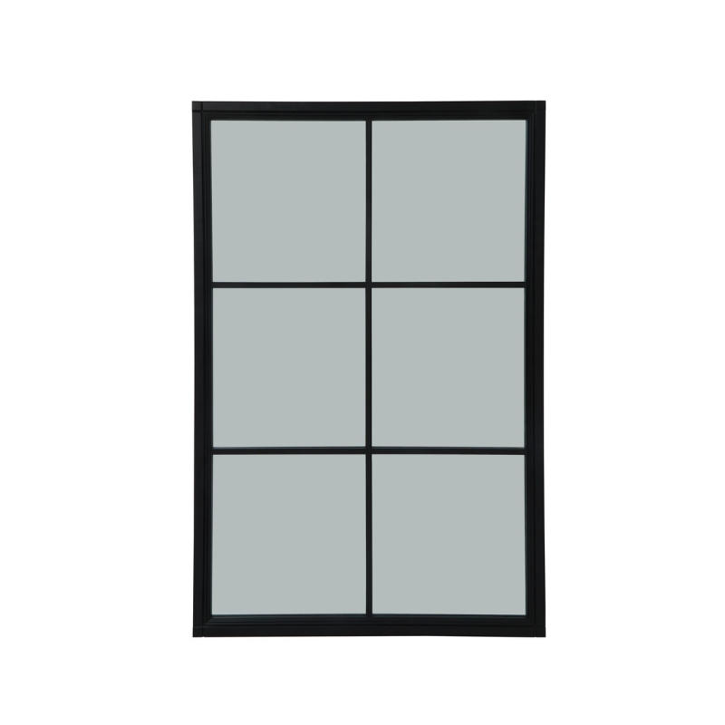 Window frame with black frame and glass panels on a white background