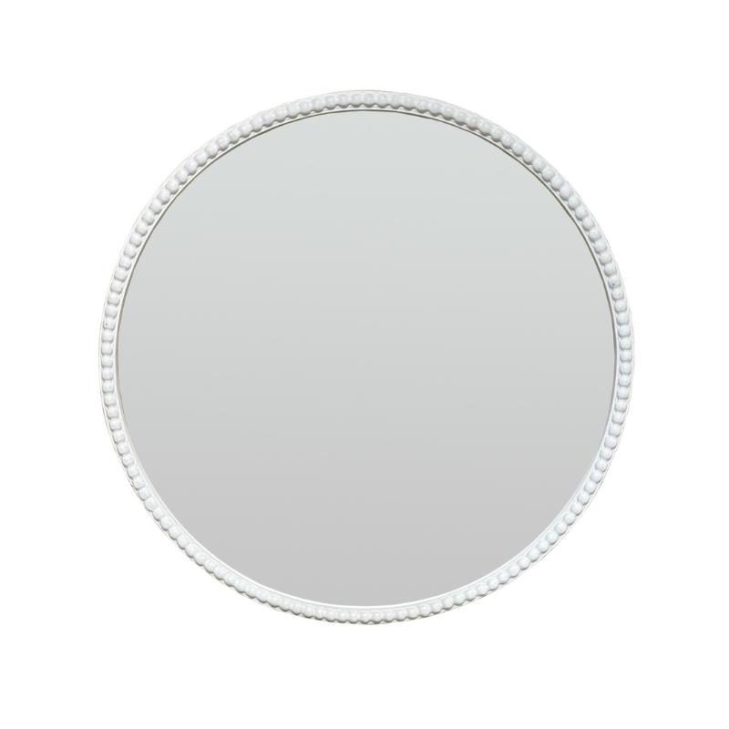 Round mirror with a decorative white frame on a white background