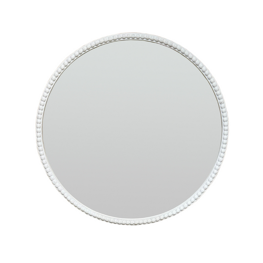 Round mirror with a decorative white frame on a white background
