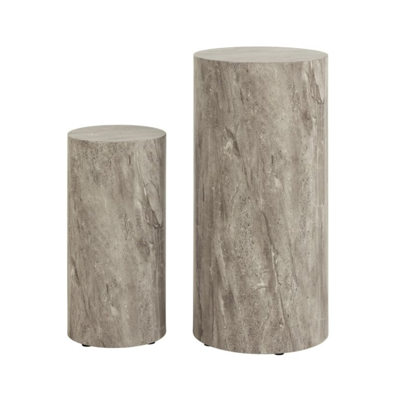 Two cylindrical stone-like side tables on a white background