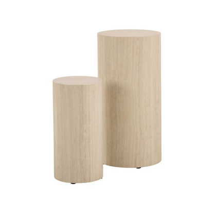Two cylindrical wooden stools on a white background