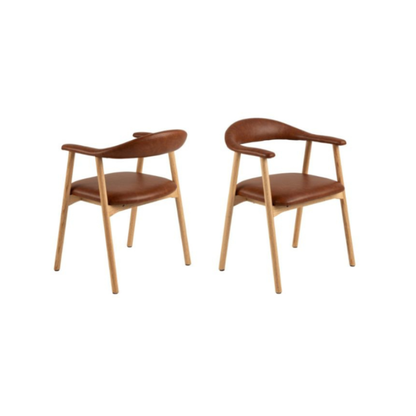 Two brown chairs with wooden frames on a white background