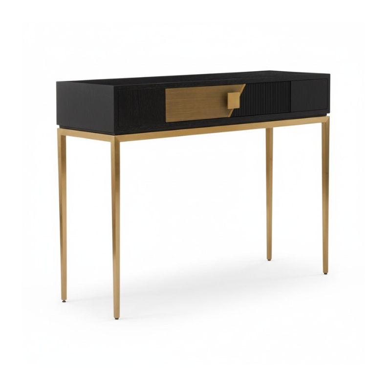 Black and gold console table on a white background