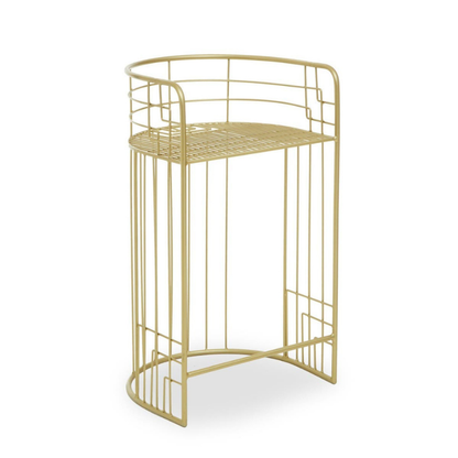 Gold metal side table with two shelves on a white background
