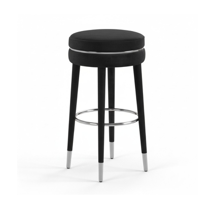 Black bar stool with silver accents on a white background