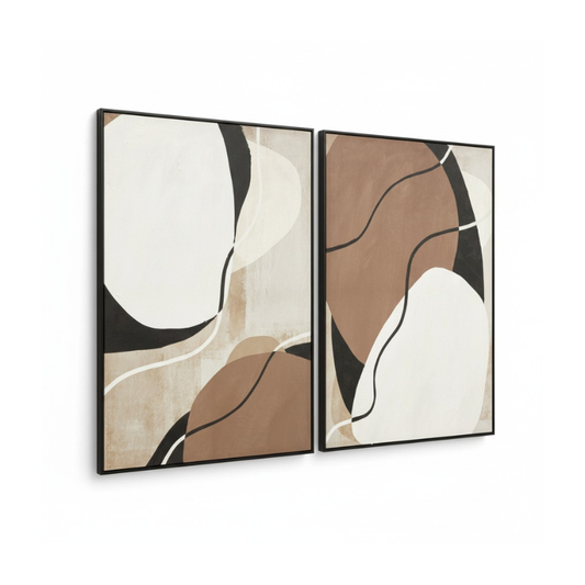 Two abstract wall art pieces with brown, beige, and white colors on a white background.