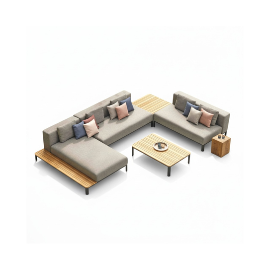 Modern outdoor furniture set with a sectional sofa, coffee table, and side tables on a white background.