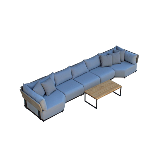 Blue sectional sofa with a wooden coffee table on a white background