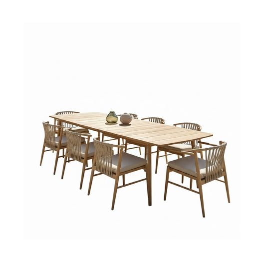 Outdoor outdoor dining set by Jardinico featuring teak table and matching chairs, perfect for patio or garden dining.