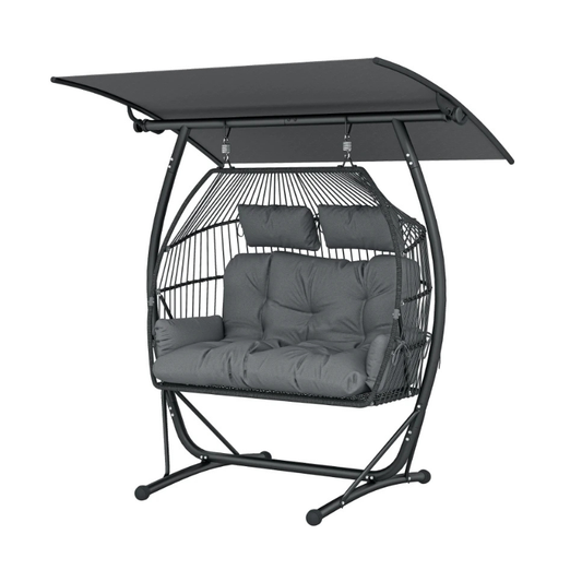 Outsunny Solana Canopy Double Egg Chair hanging chair with canopy, woven rattan-style frame and plush cushions for outdoor relaxation.
