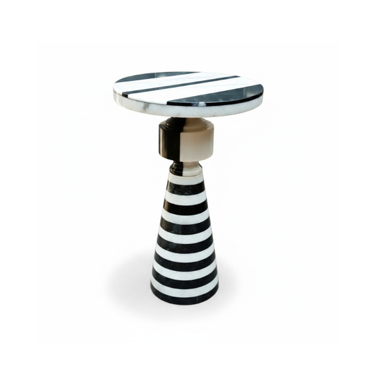 Fifty Five South onyx stripe side table with black and white geometric pattern, ideal for living room or bedroom decor.