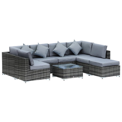 Outdoor patio furniture set with gray cushions on a white background