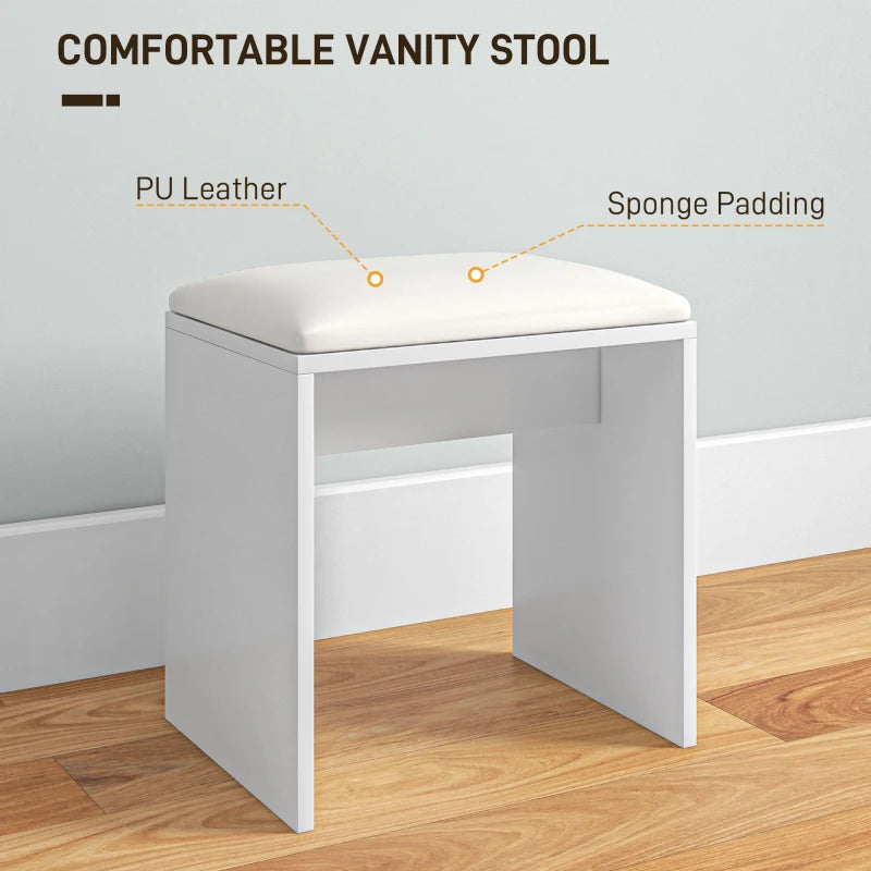 White vanity stool with PU leather seat and sponge padding on a wooden floor.