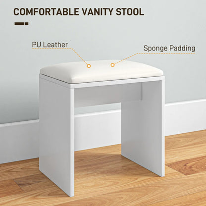 White vanity stool with PU leather seat and sponge padding on a wooden floor.