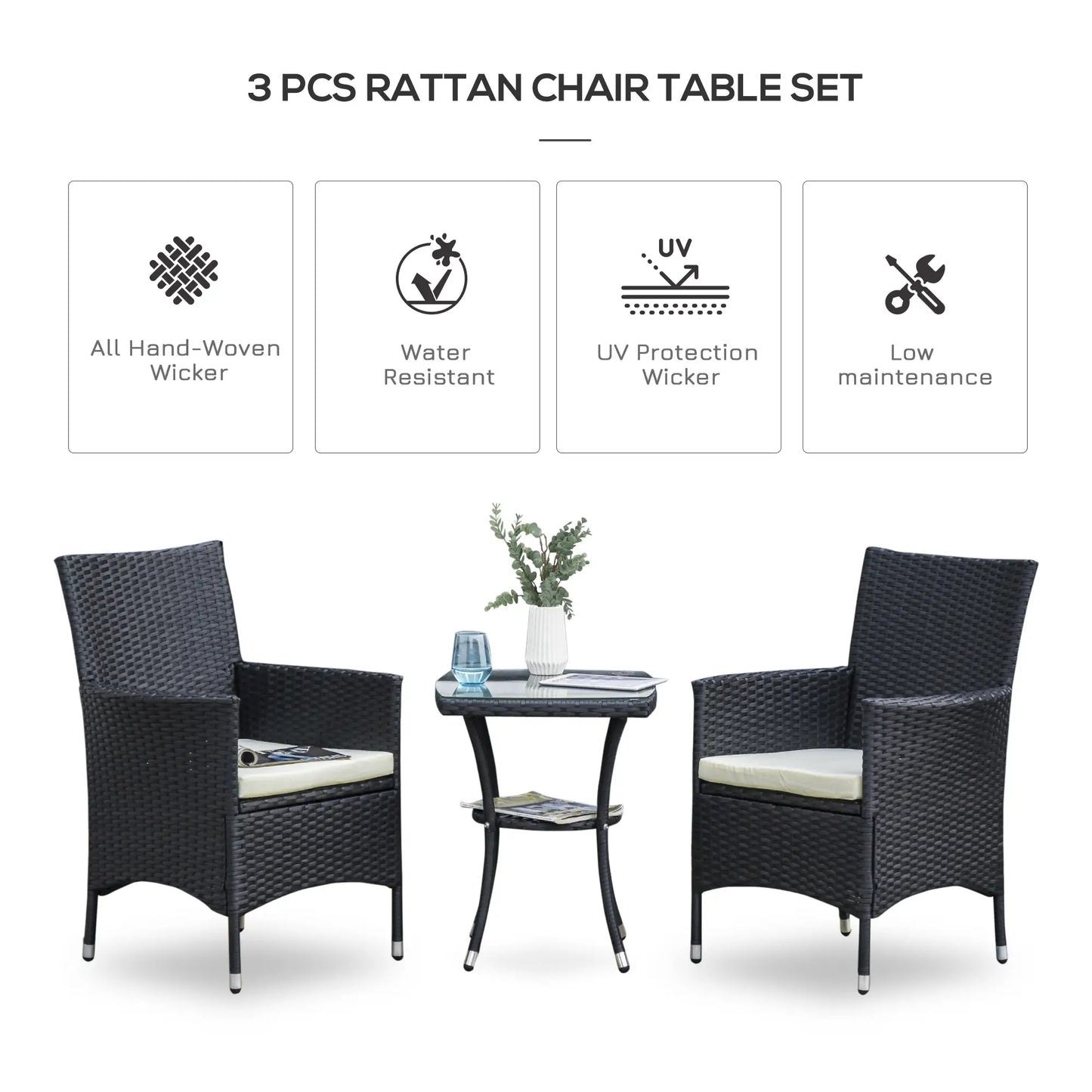3-piece rattan chair and table set with features listed on a white background