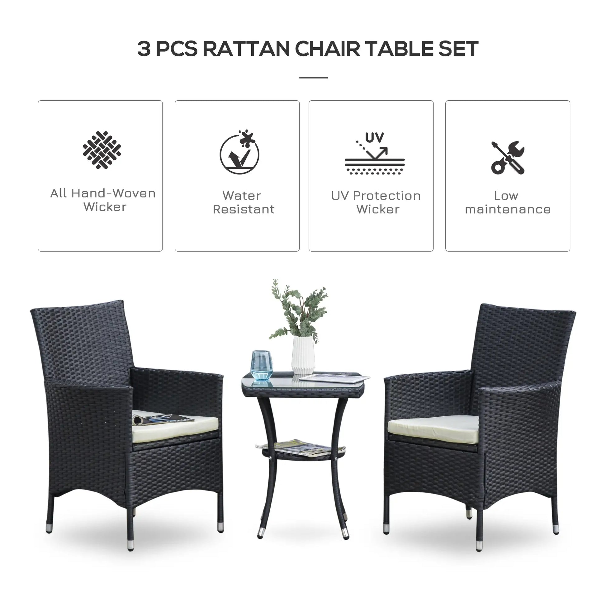3-piece rattan chair and table set with features listed on a white background