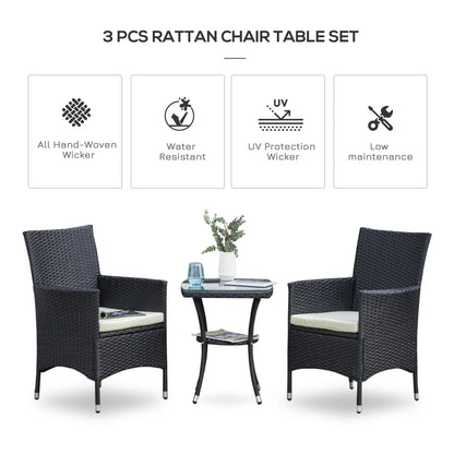 3-piece rattan chair and table set with features listed on a white background