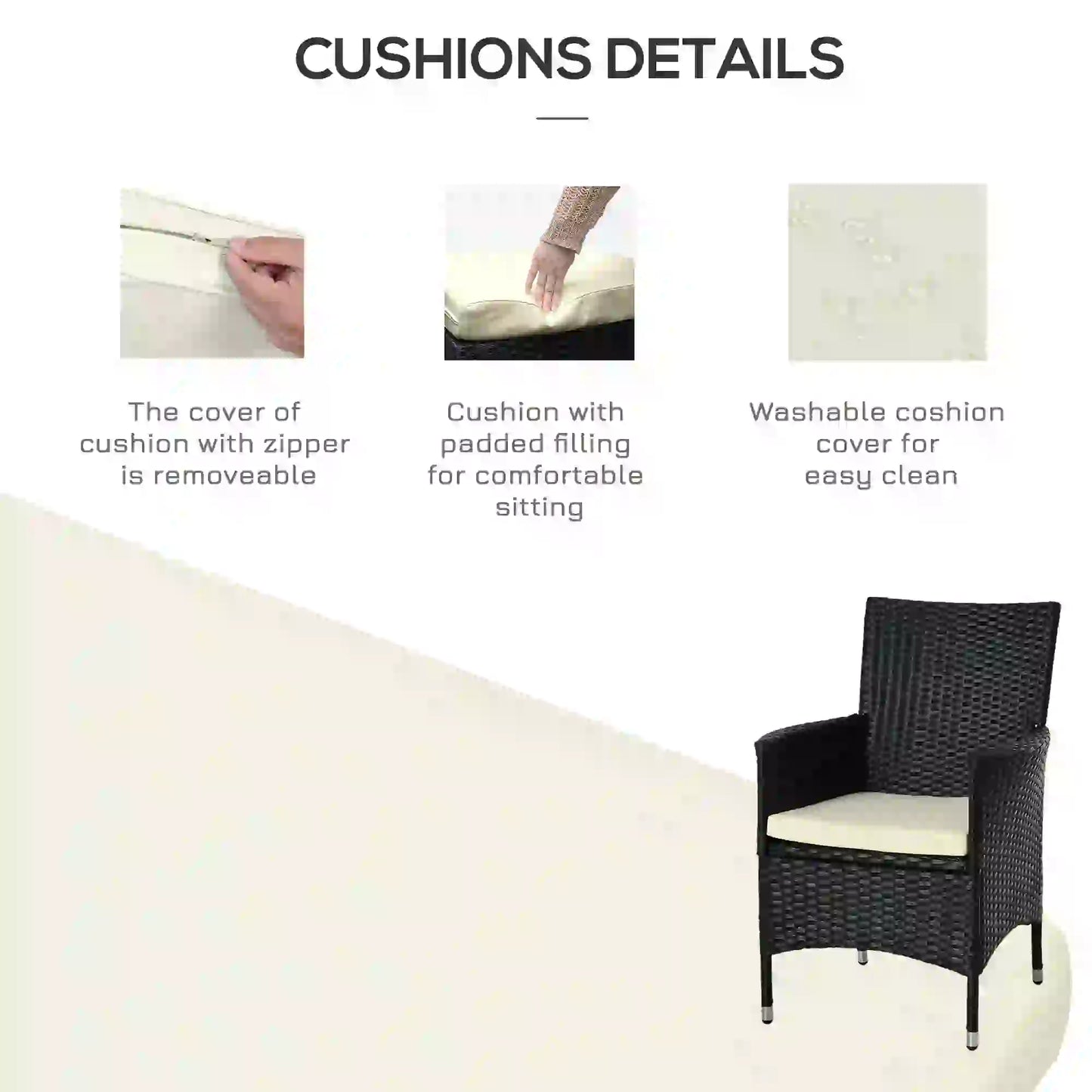 Cushions details with a chair and cushions on a white background