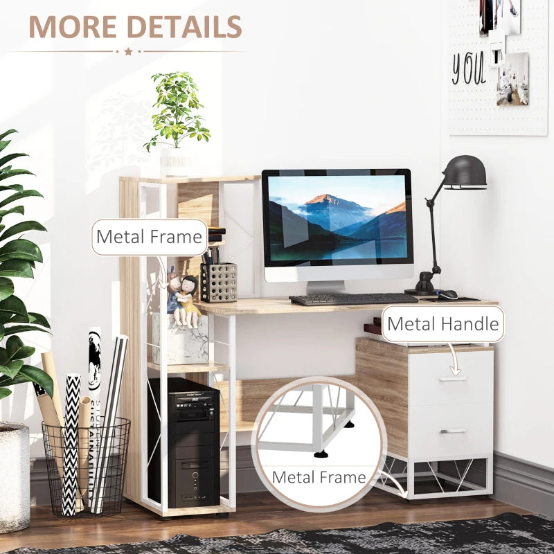 Wooden desk with computer setup, labeled parts on a white wall background