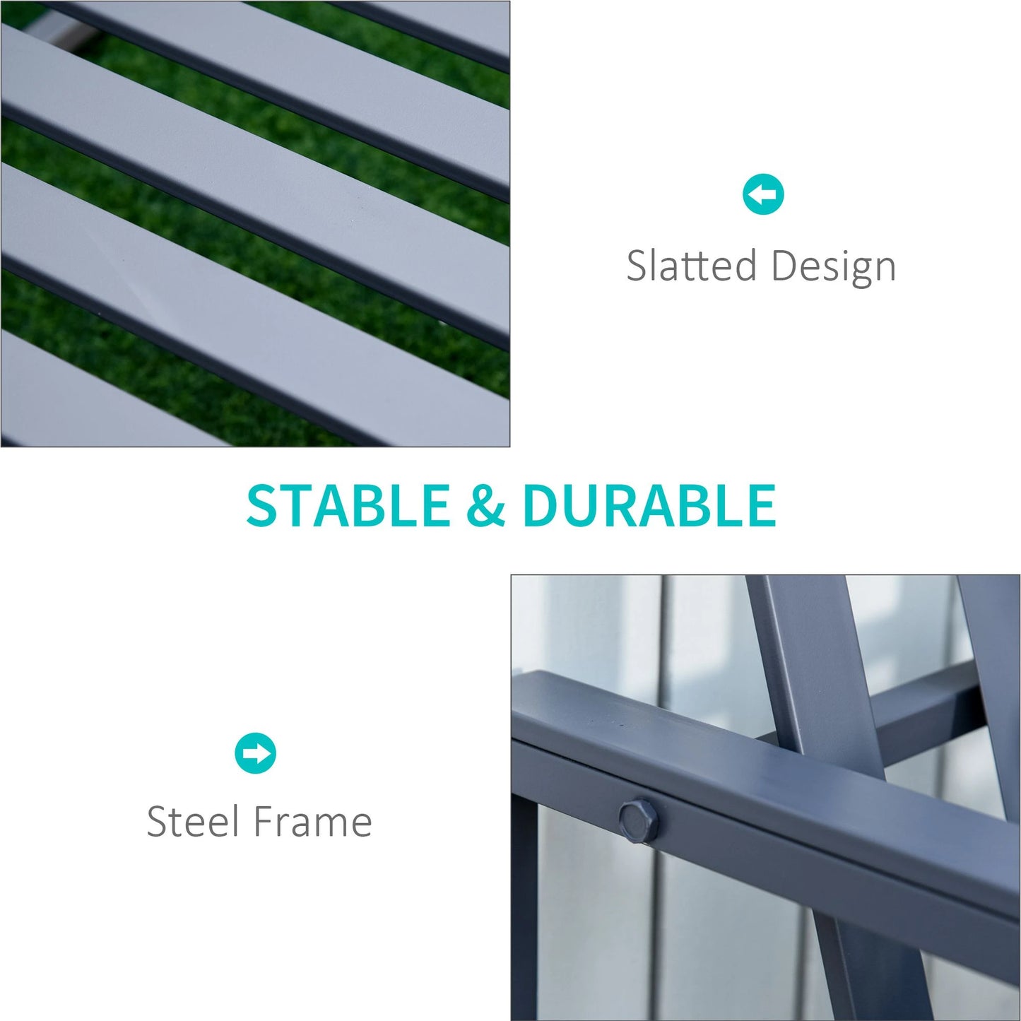 Product with slatted design and steel frame, labeled 'Stable & Durable'.
