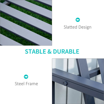 Product with slatted design and steel frame, labeled 'Stable & Durable'.