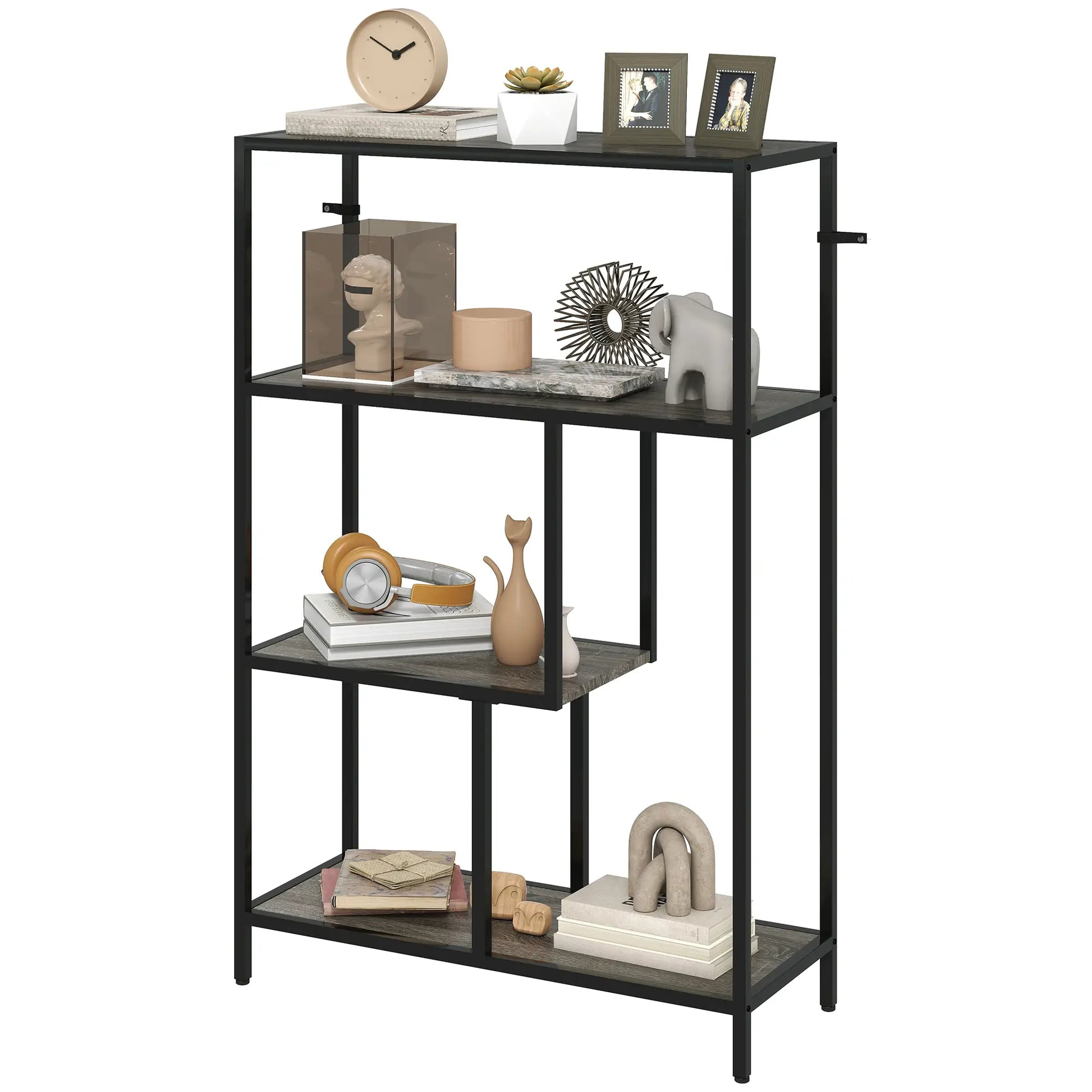 Black metal shelf with decorative items on a white background