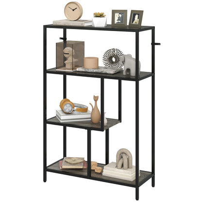Black metal shelf with decorative items on a white background