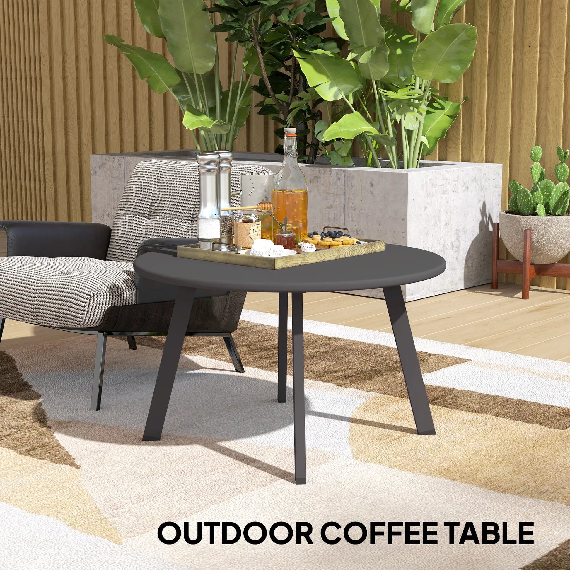 Outdoor coffee table with decorative items on a patio setting