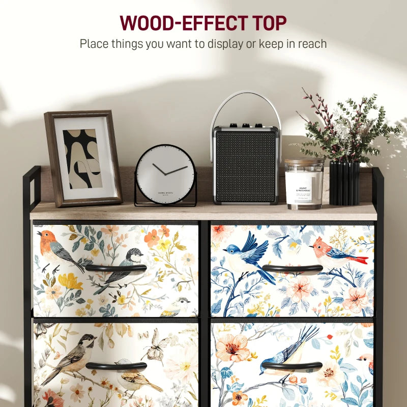 Decorative shelf with floral and bird patterned drawers and wood-effect top.