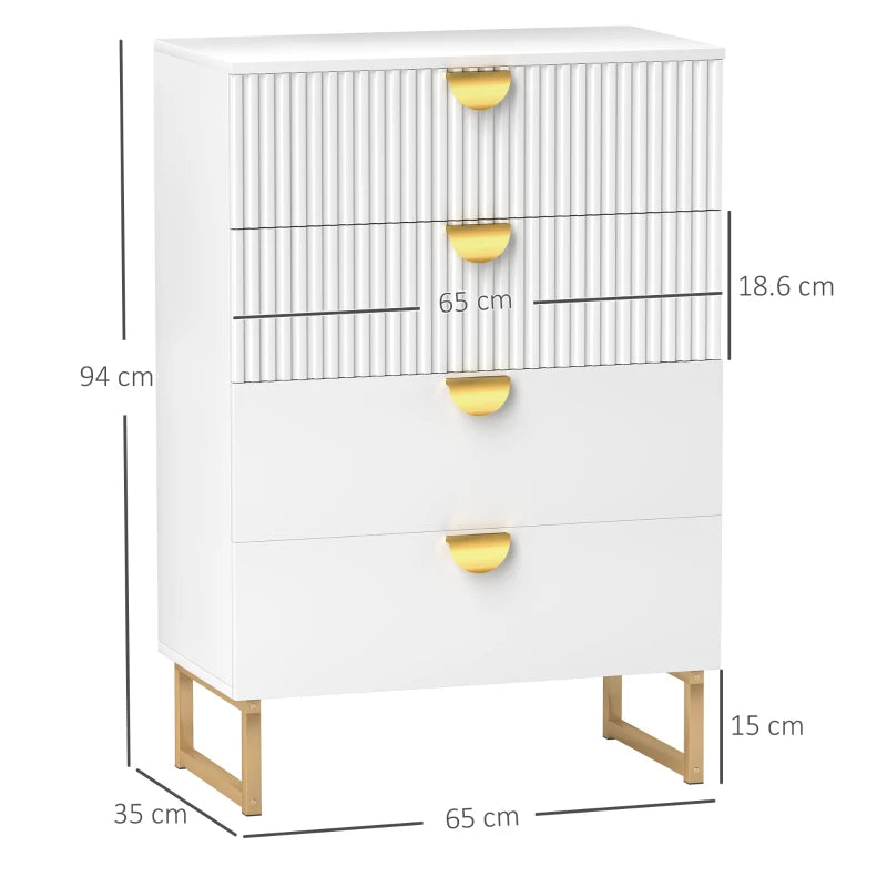 White cabinet with gold legs and drawers, shown with dimensions on a white background