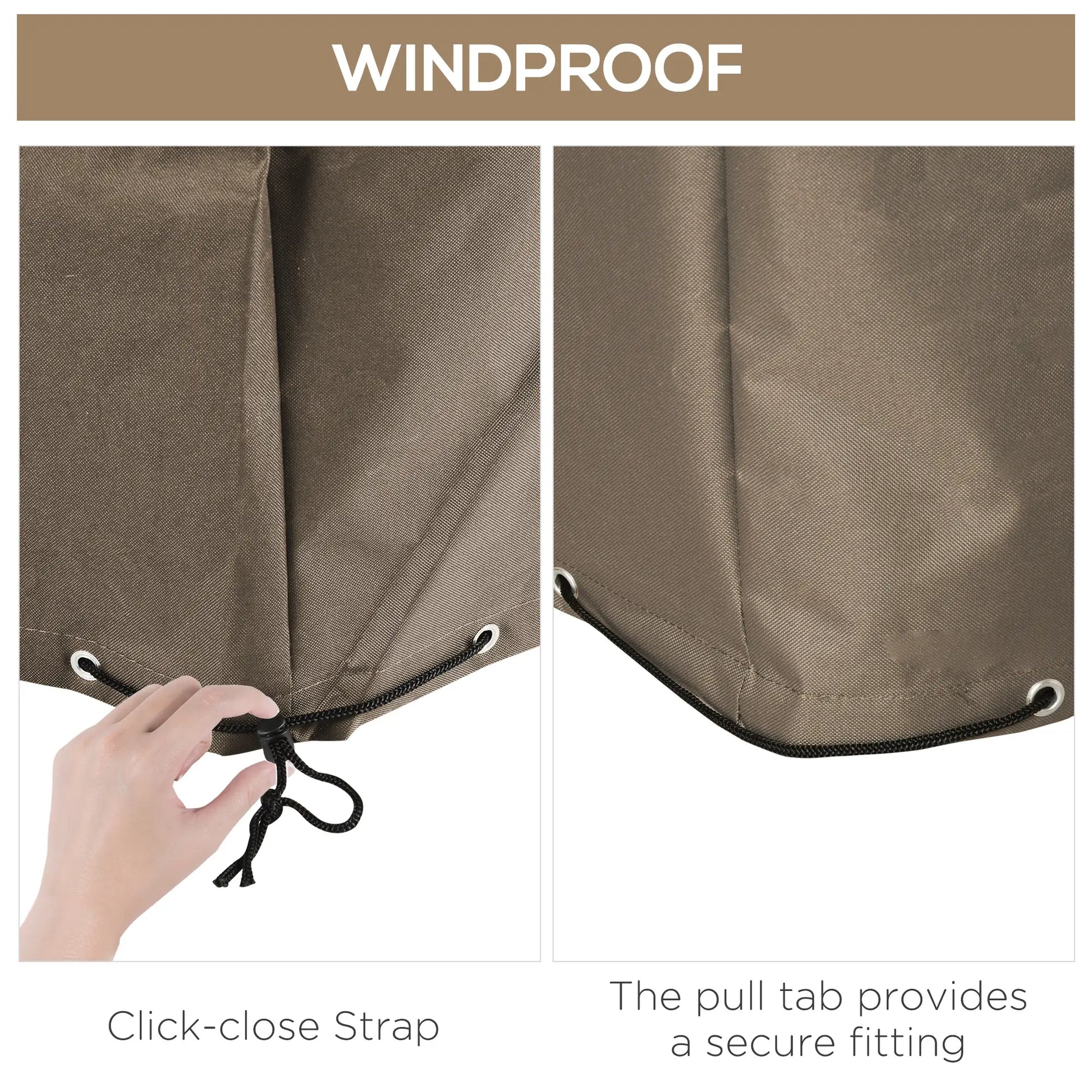Windproof feature of a jacket with a hand pulling a strap, showing a secure fitting.