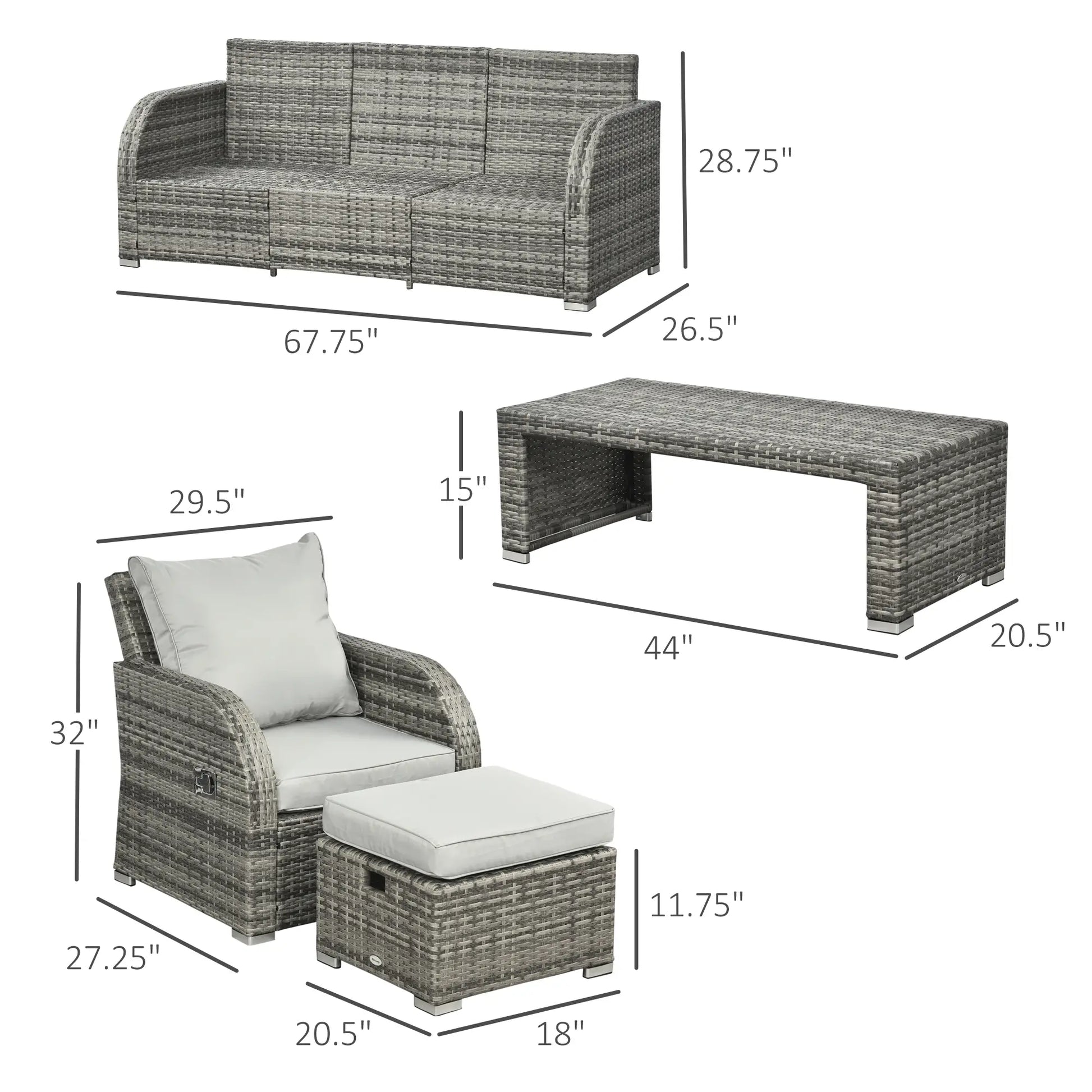 Outdoor furniture set with dimensions labeled on a white background