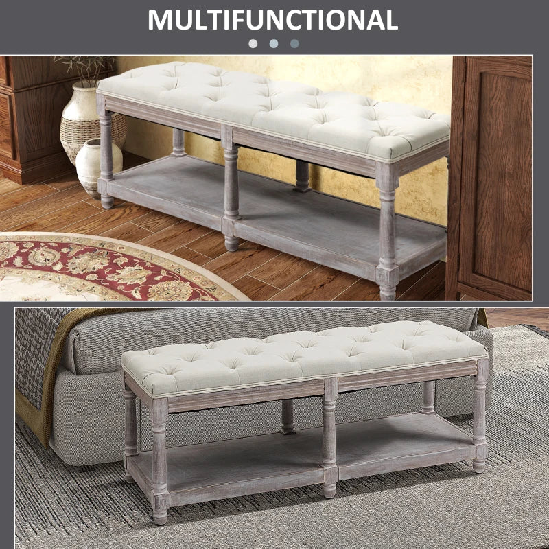 Multifunctional bench with upholstered top and wooden frame in two settings.