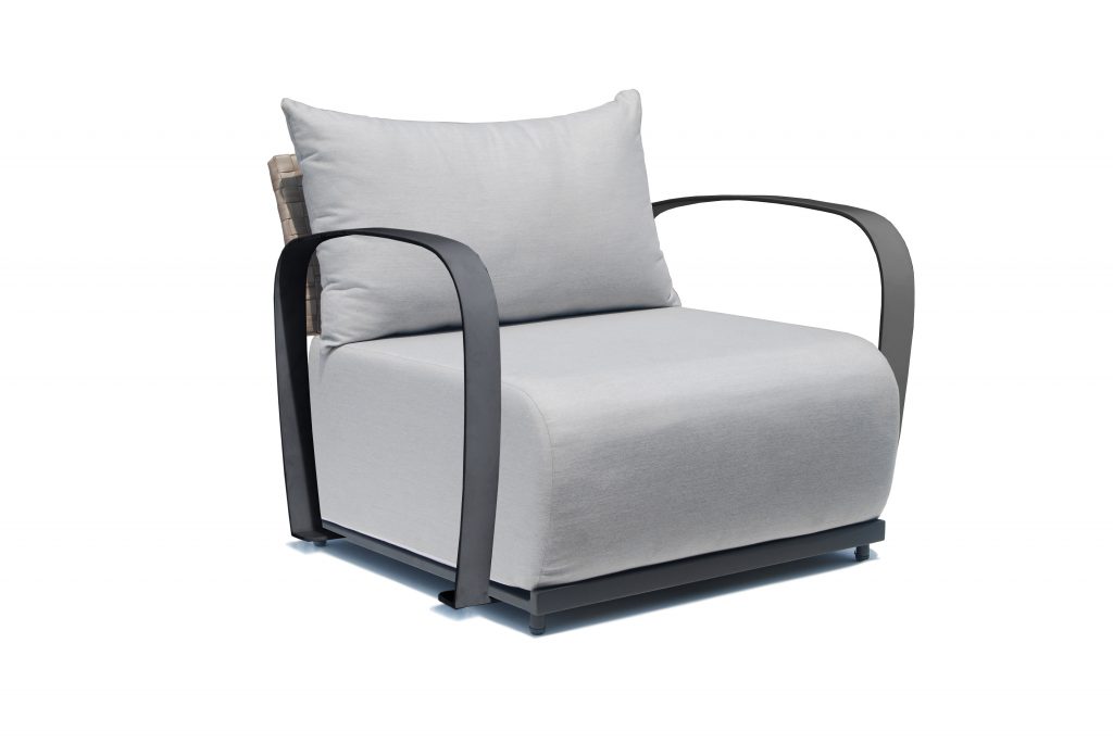 Modern armchair with gray cushion on a white background