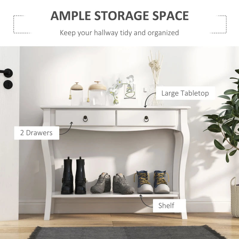 White console table with storage compartments in a hallway setting.