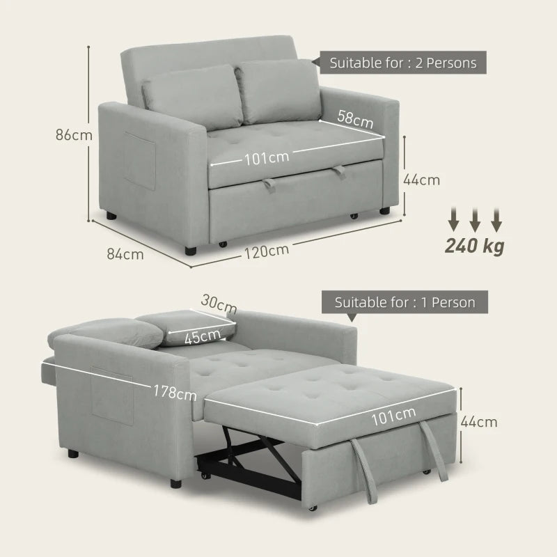 Gray sofa bed with dimensions and weight capacity displayed on a beige background