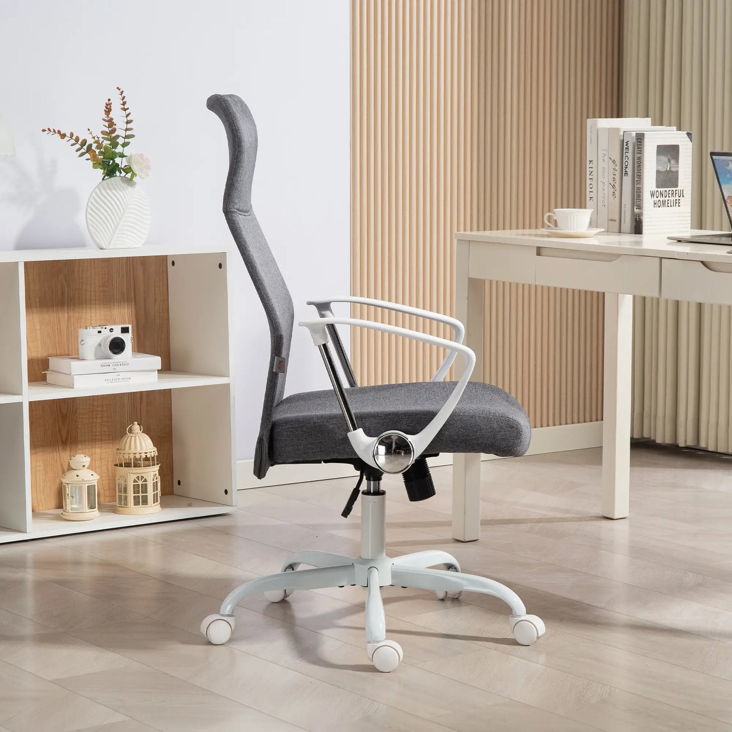 Gray office chair with white base in a home office setting