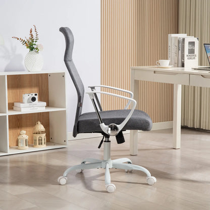 Gray office chair with white base in a home office setting