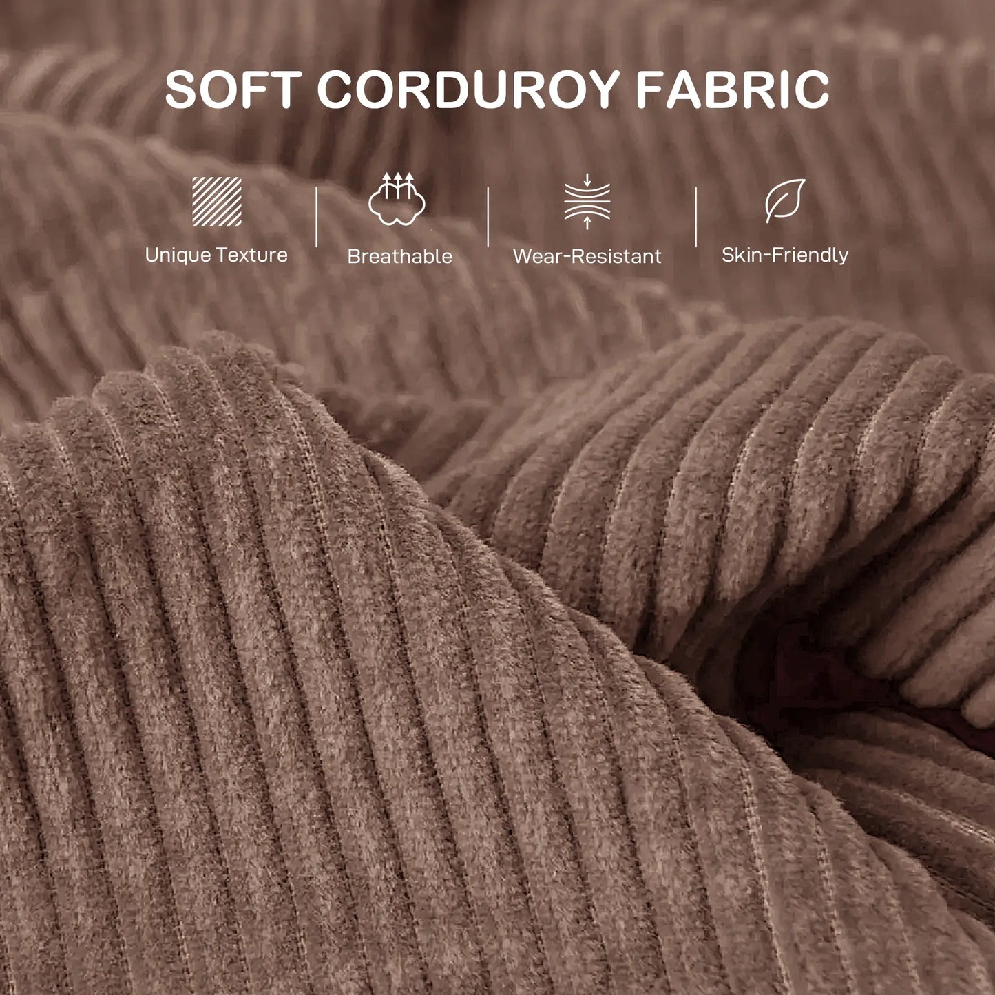 Close-up of soft corduroy fabric with text highlighting its properties.
