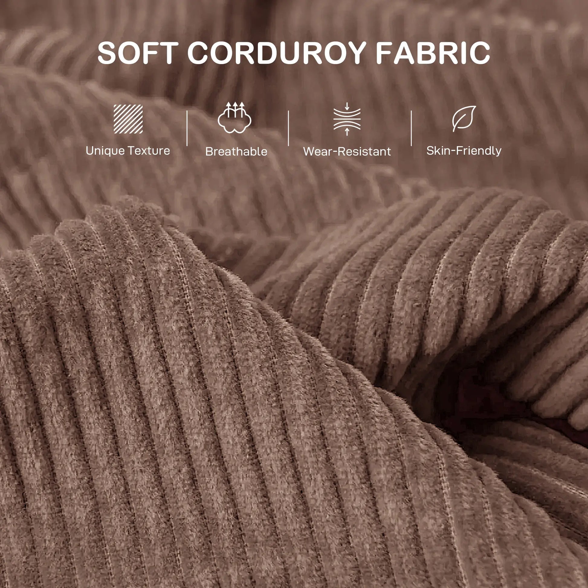 Close-up of soft corduroy fabric with text highlighting its properties.